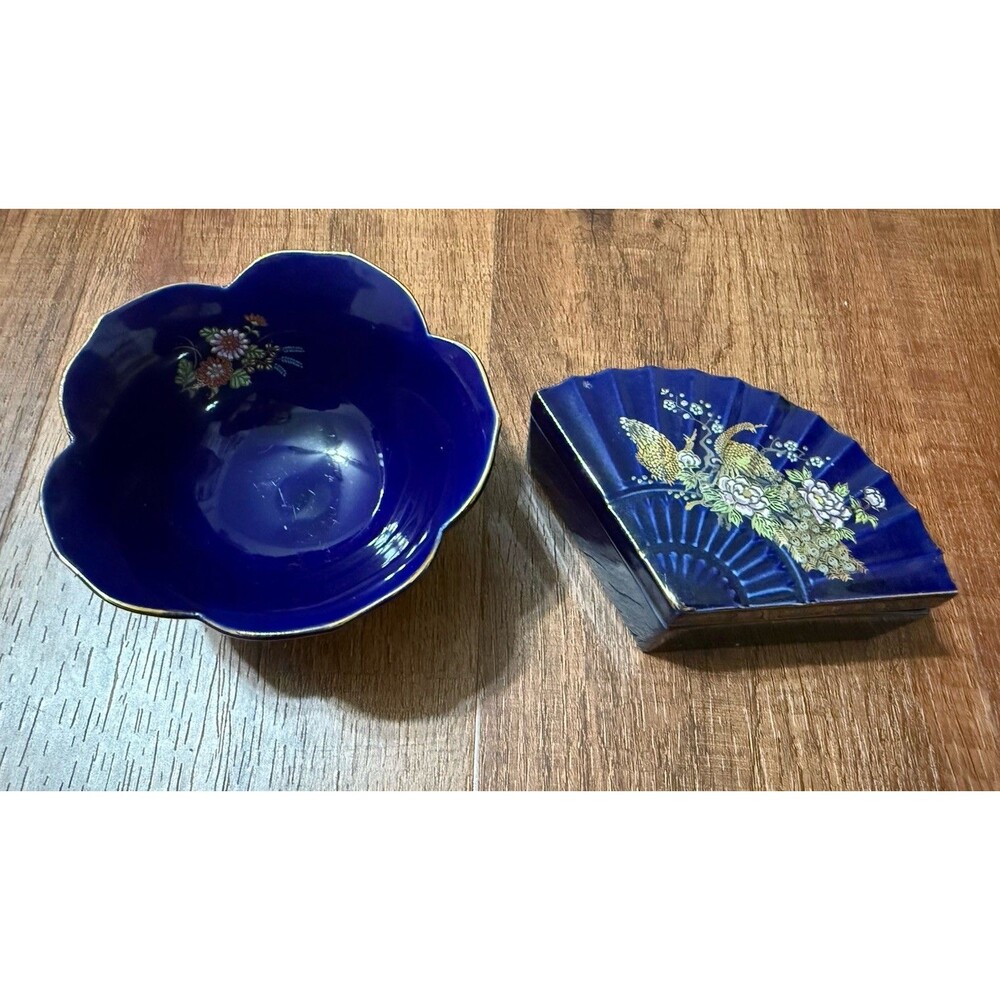 Vintage Japan Ring Box Trinket Dish Pheasant Design 4” Blue Porcelain Ceramic